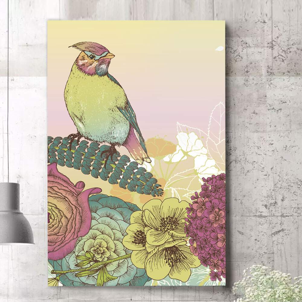 Quadro Decorativo Desenho P�ssaro e Flores Colorido