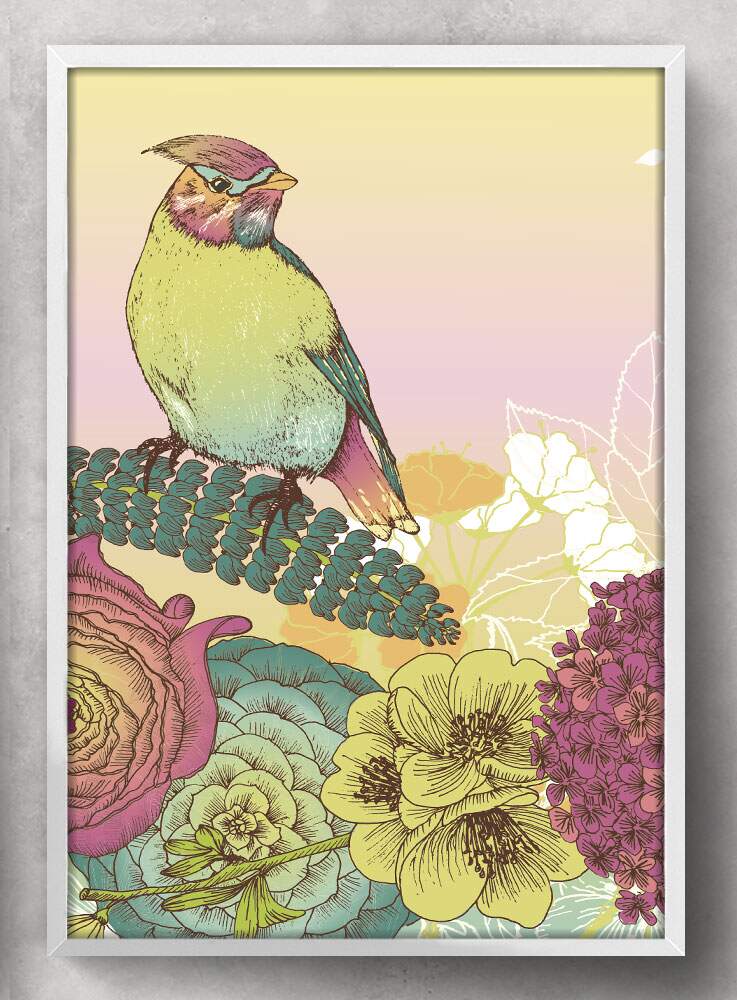 Quadro Decorativo Desenho P�ssaro e Flores Colorido