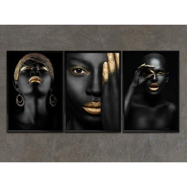 Kit 3 Quadros Decorativos Mulheres Preto e Dourado 01