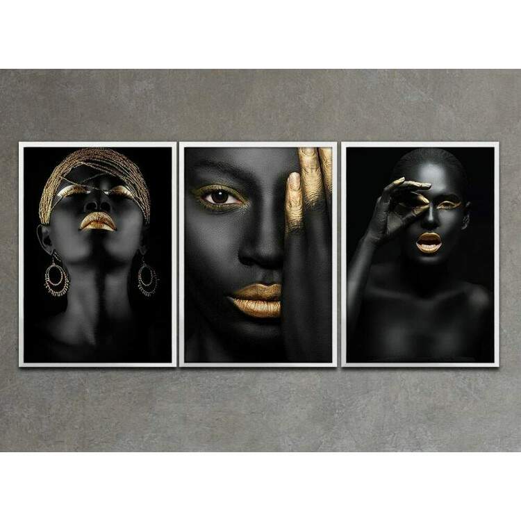 Kit 3 Quadros Decorativos Mulheres Preto e Dourado 01