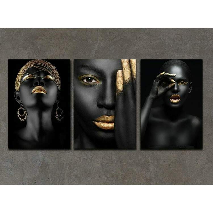 Kit 3 Quadros Decorativos Mulheres Preto e Dourado 01