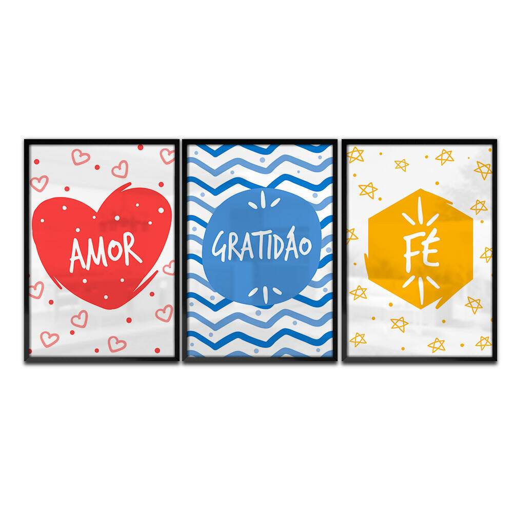 Kit 3 Quadros Decorativos F� Amor e Gratid�o 03