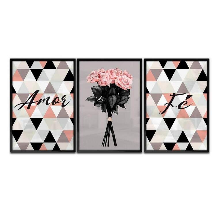 Kit 3 Quadros Decorativos Amor e F Flores Rosas