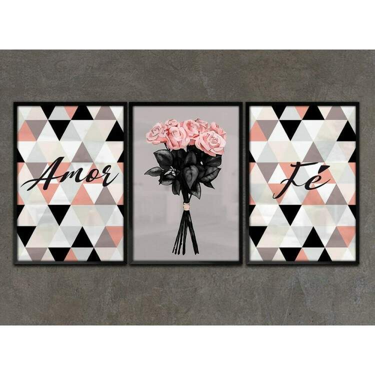 Kit 3 Quadros Decorativos Amor e F Flores Rosas