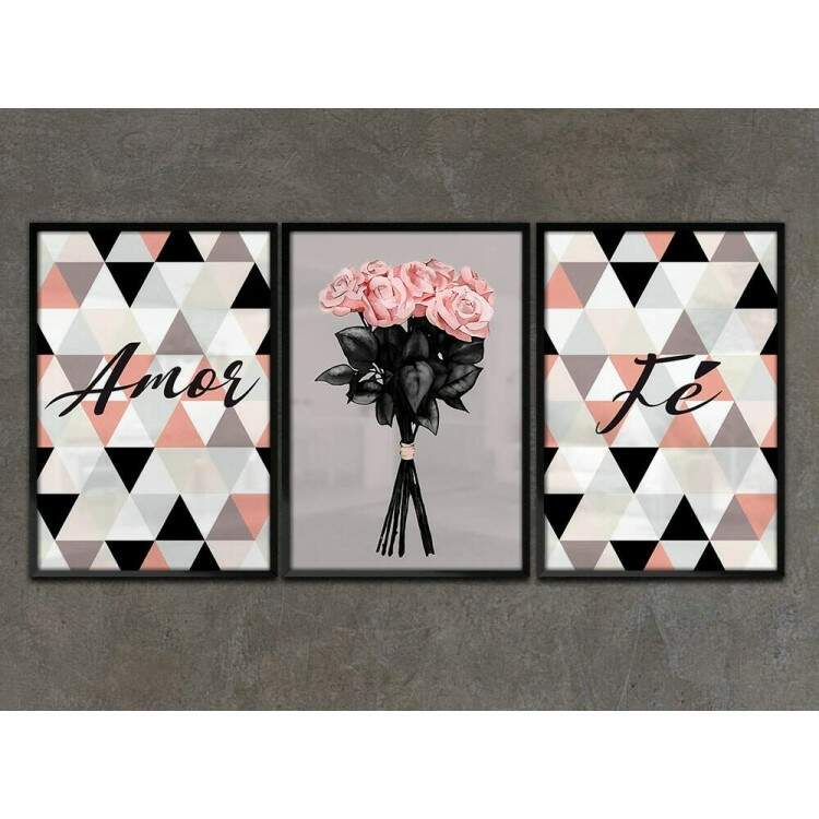 Kit 3 Quadros Decorativos Amor e F Flores Rosas