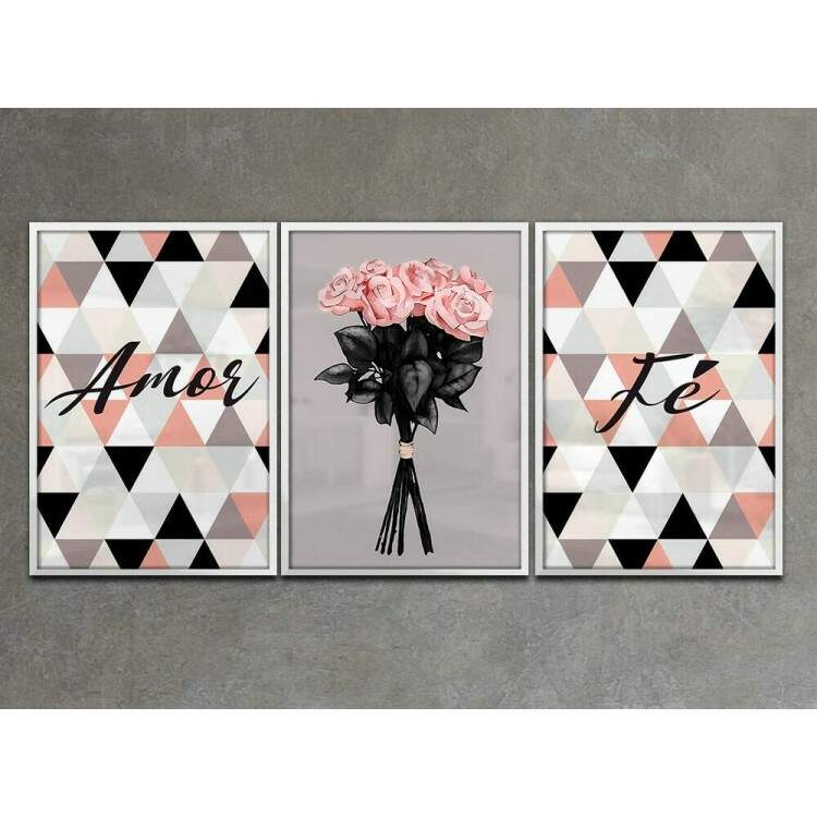 Kit 3 Quadros Decorativos Amor e F Flores Rosas