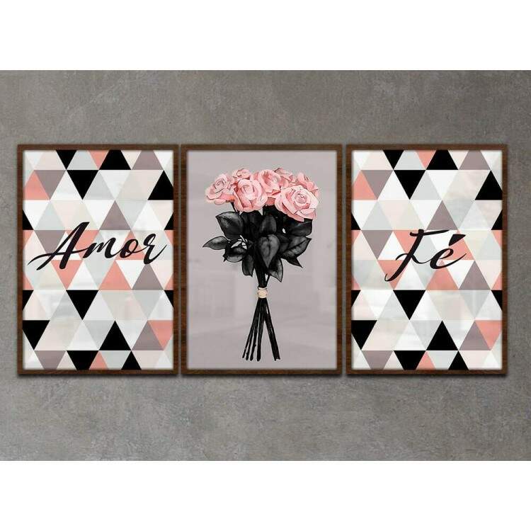 Kit 3 Quadros Decorativos Amor e F Flores Rosas