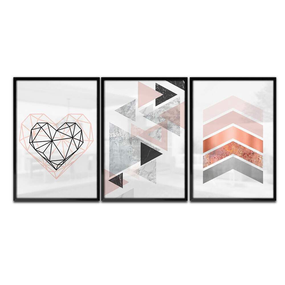 Kit 3 Quadros Decorativos Abstrato Cora��o e Tri�ngulos Rose e Preto
