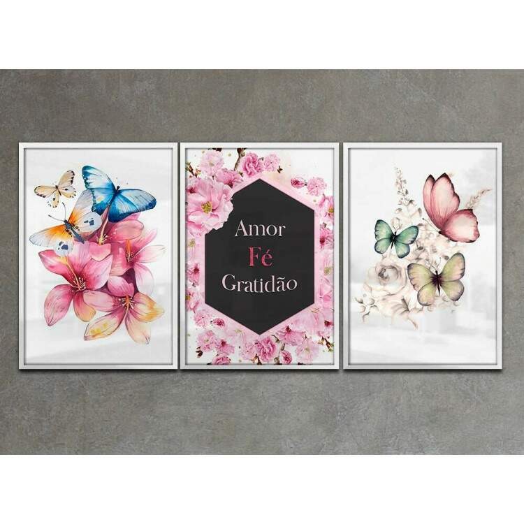 Kit 3 Quadros Decorativos Borboletas F Amor e Gratido 04