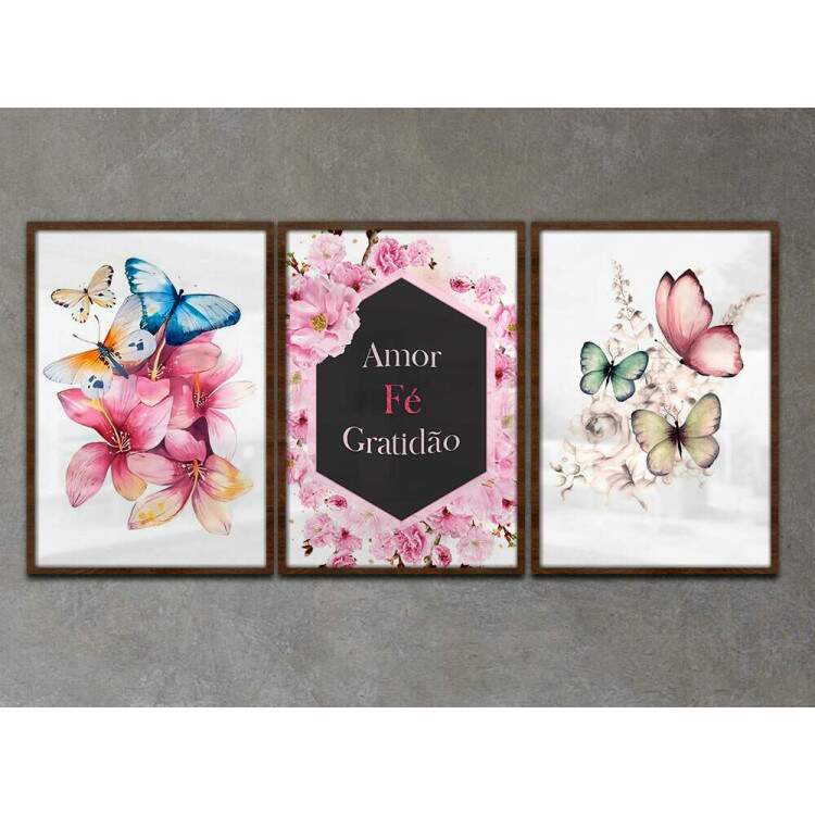 Kit 3 Quadros Decorativos Borboletas F Amor e Gratido 04