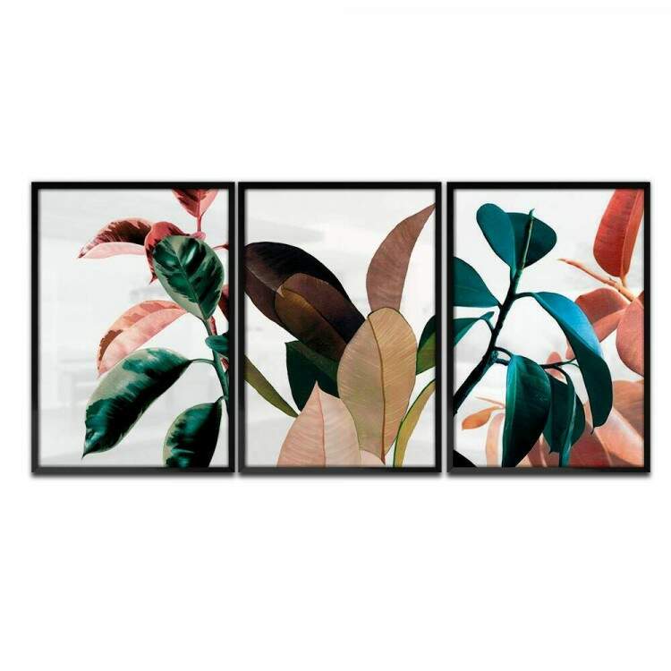 Kit 3 Quadros Decorativos Folhas Tropicais Coloridas