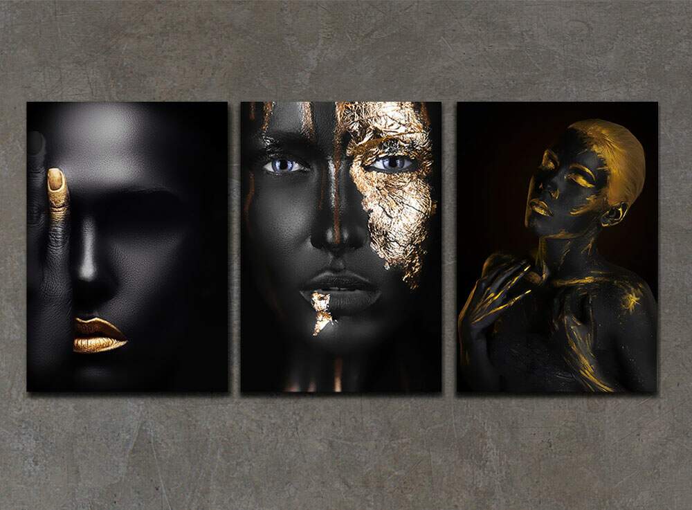 Kit 3 Quadros Decorativos Mulheres Preto e Dourado 02