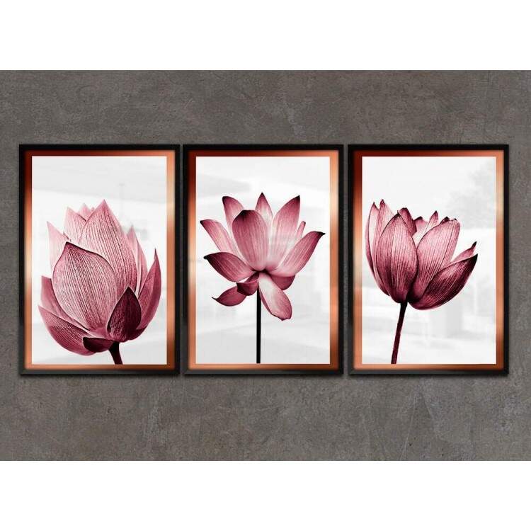 Kit 3 Quadros Decorativos Flores Rose