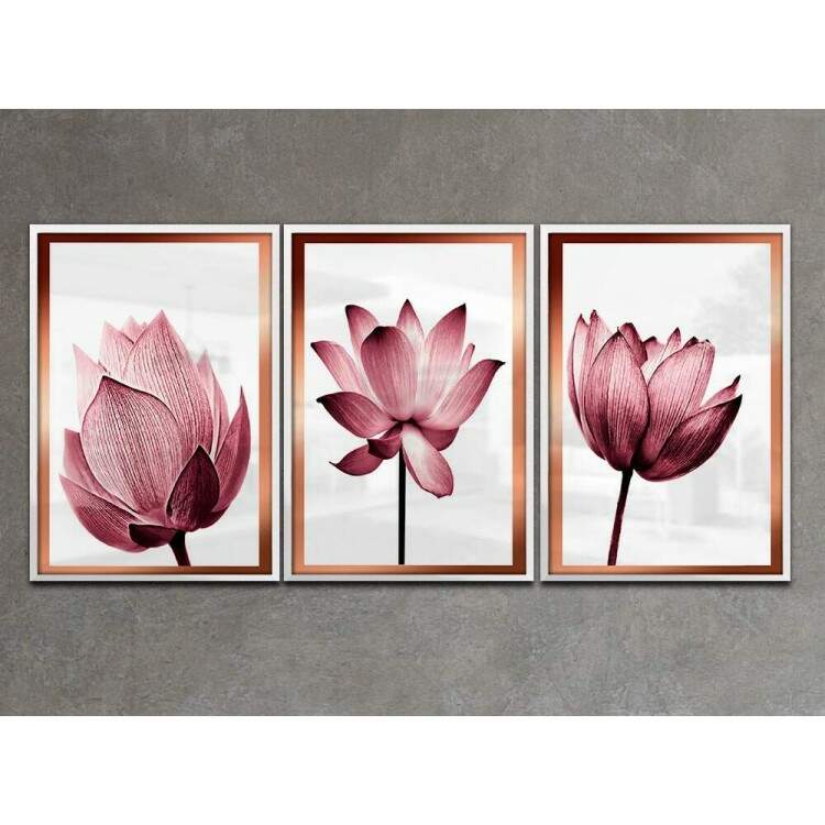 Kit 3 Quadros Decorativos Flores Rose