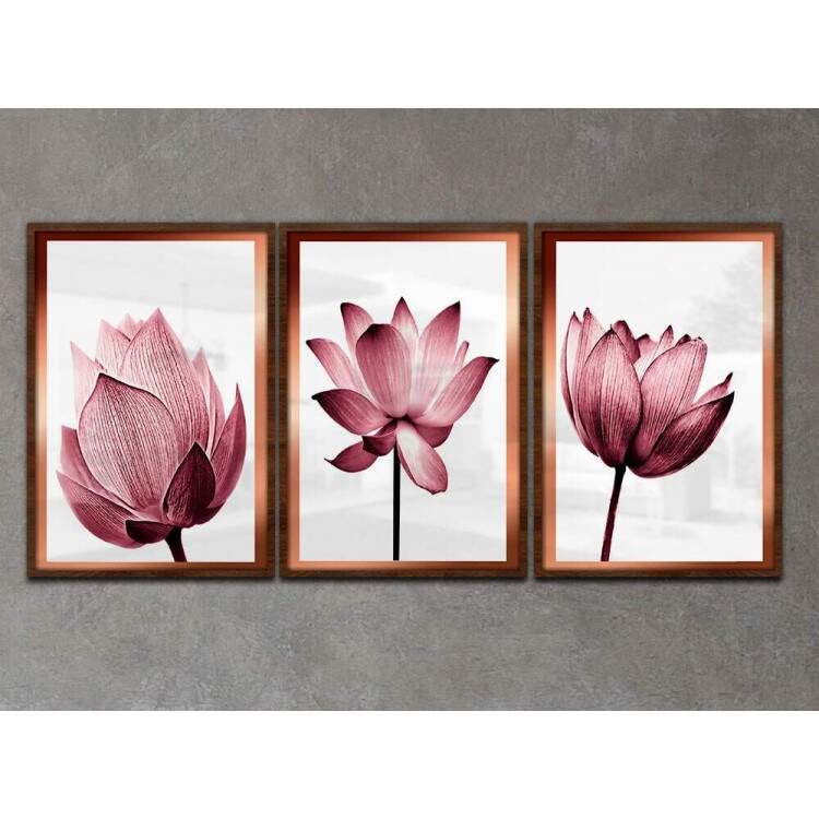 Kit 3 Quadros Decorativos Flores Rose