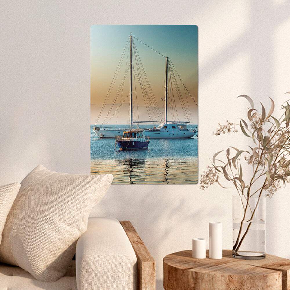 Placa Decorativa Barcos no Mar Por do Sol