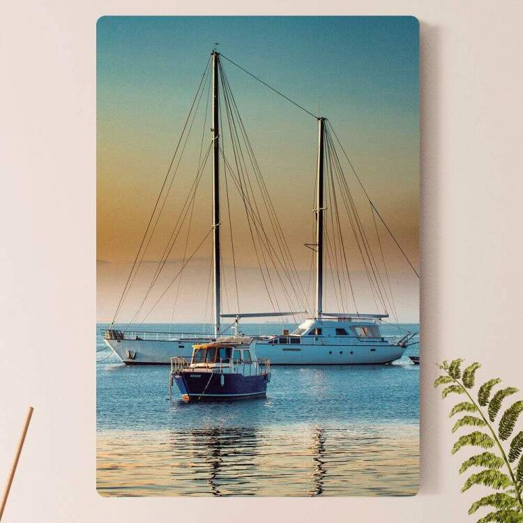 Placa Decorativa Barcos no Mar Por do Sol