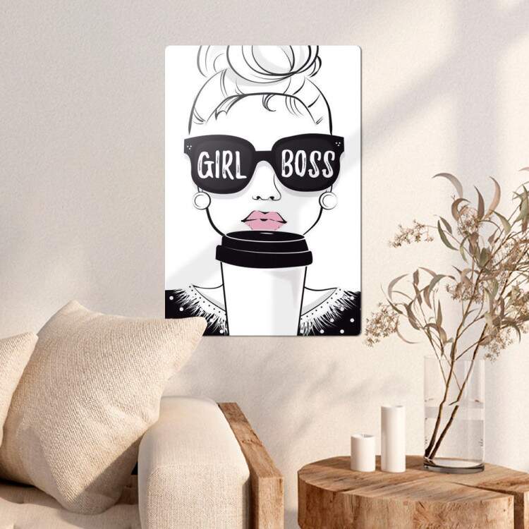 Placa Decorativa Girl Boss Desenho de Garota e Caf
