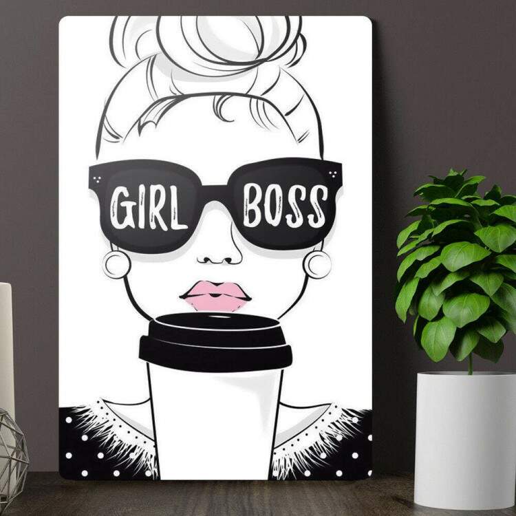 Placa Decorativa Girl Boss Desenho de Garota e Caf