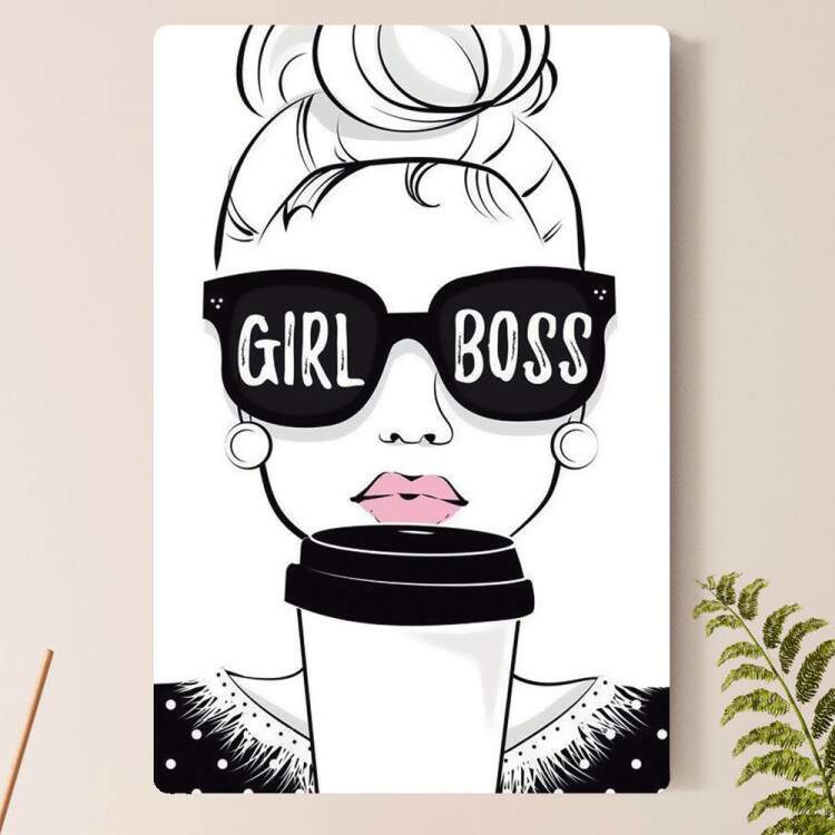 Placa Decorativa Girl Boss Desenho de Garota e Caf