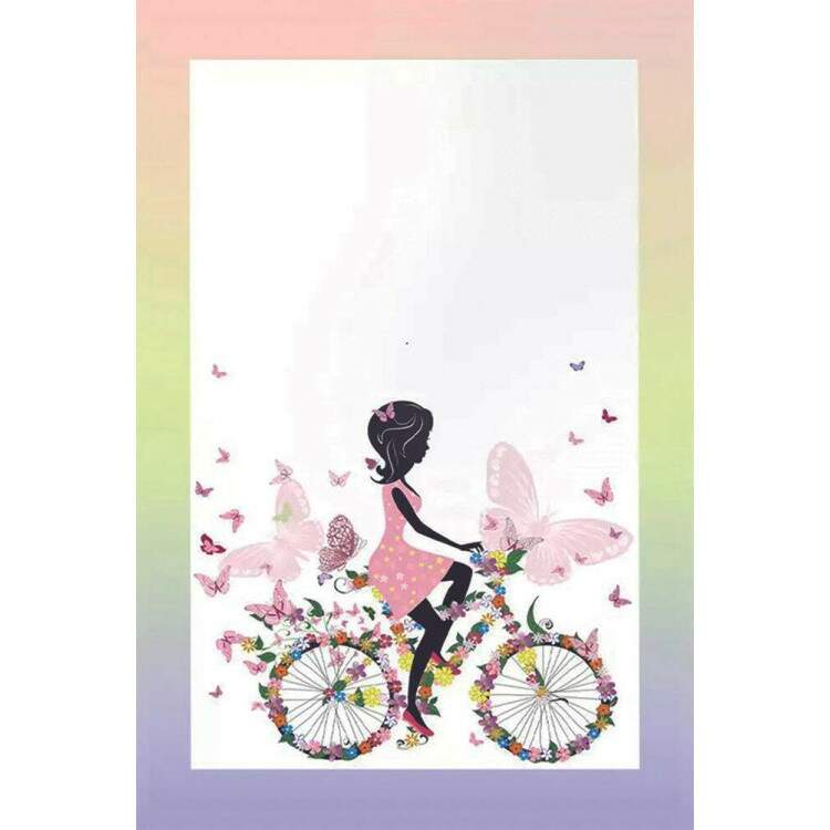 Placa Decorativa Desenho de Menina de Bicicleta Flores e Borboletas Coloridas