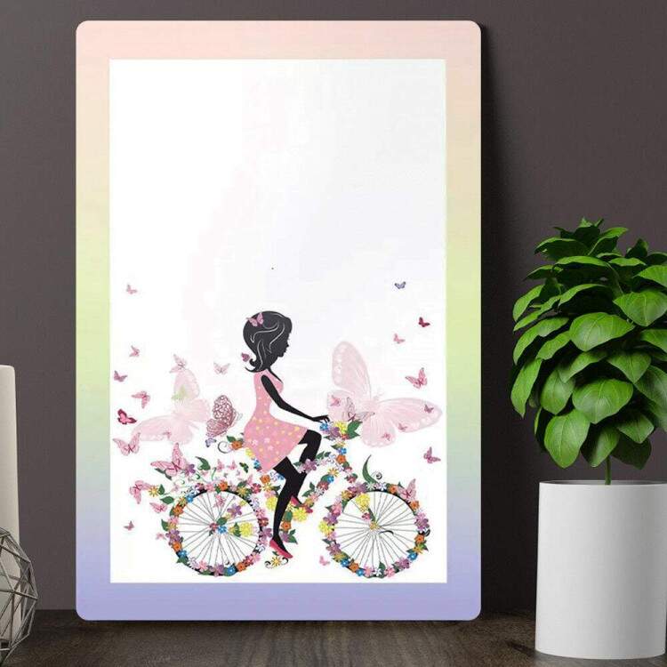 Placa Decorativa Desenho de Menina de Bicicleta Flores e Borboletas Coloridas