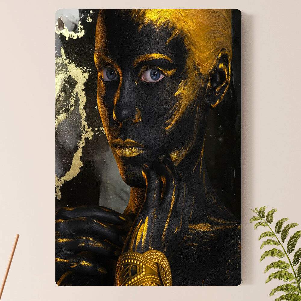 Placa Decorativa Abstrato Rosto de Mulher Preto e Dourado