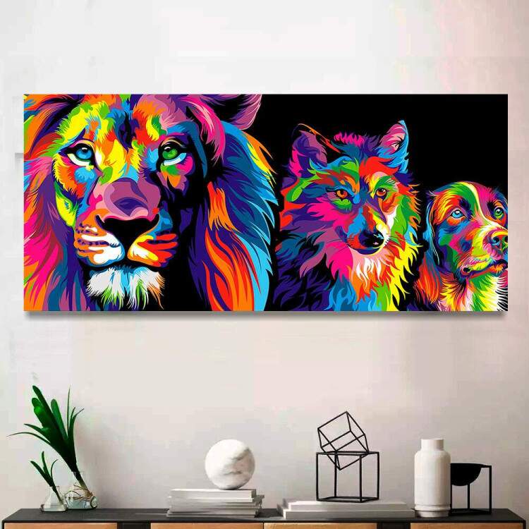 Quadro Decorativo Slim Leo de Jud Lobo e Cachorro Coloridos