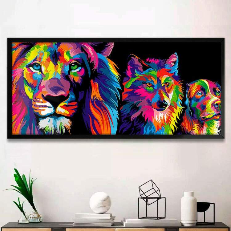 Quadro Decorativo Slim Leo de Jud Lobo e Cachorro Coloridos