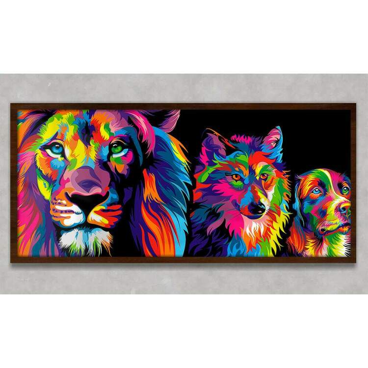 Quadro Decorativo Slim Leo de Jud Lobo e Cachorro Coloridos