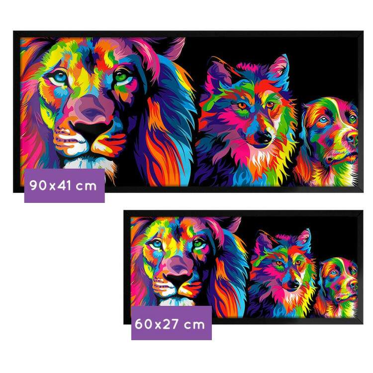 Quadro Decorativo Slim Leo de Jud Lobo e Cachorro Coloridos