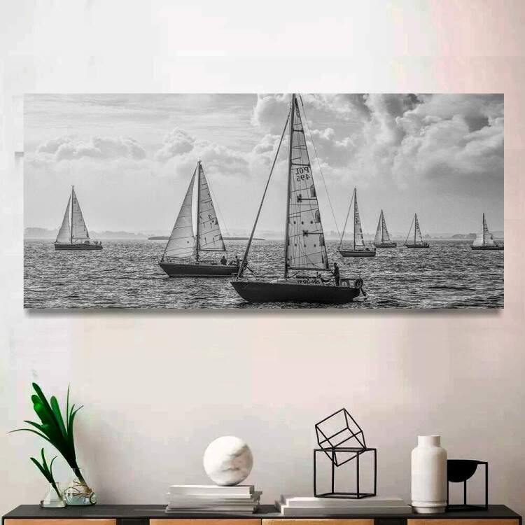 Quadro Decorativo Slim Barcos a Vela Preto e Branco