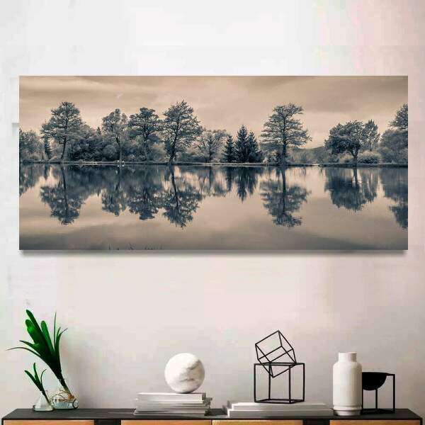 Quadro Decorativo Slim rvores e Lago Preto e Branco