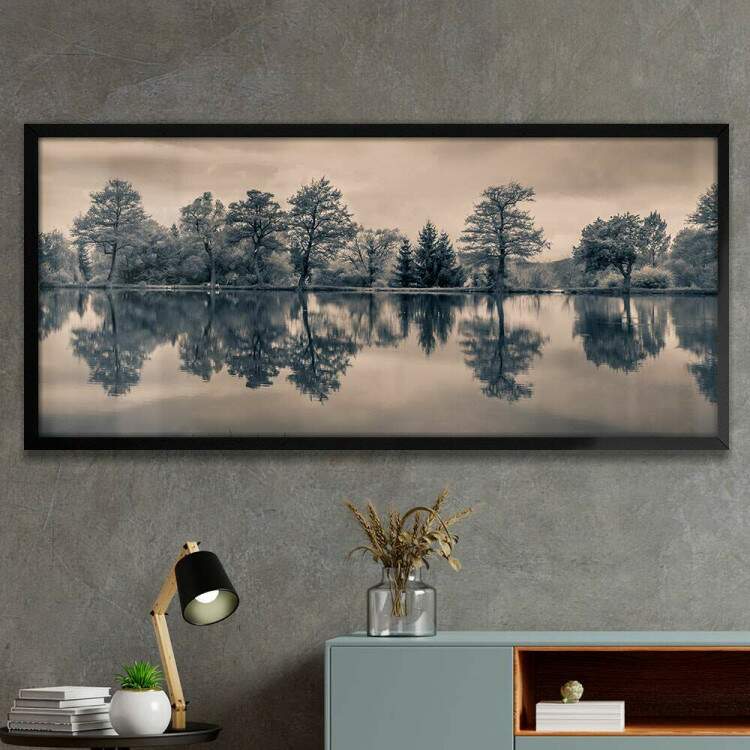 Quadro Decorativo Slim rvores e Lago Preto e Branco