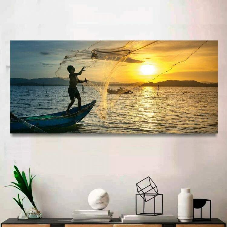 Quadro Decorativo Slim Pescaria Pr Do Sol