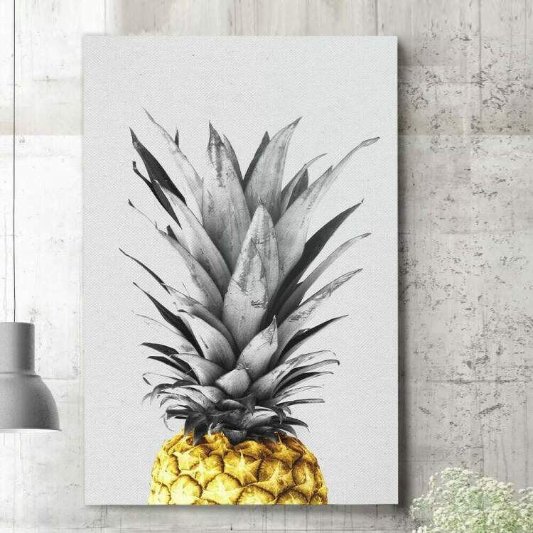 Quadro Decorativo Abacaxi Preto Branco e Dourado