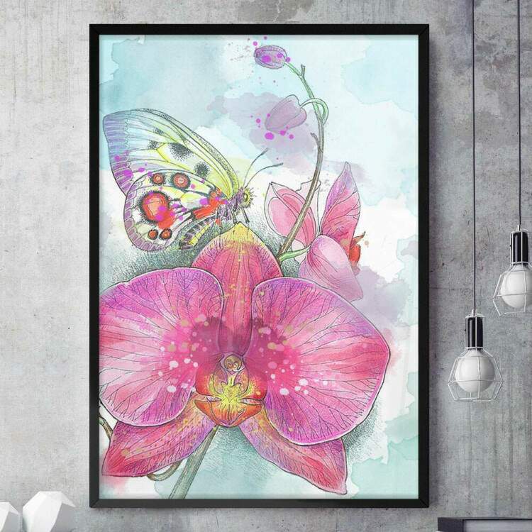 Quadro Decorativo Pintura de Borboleta e Flor Rosa