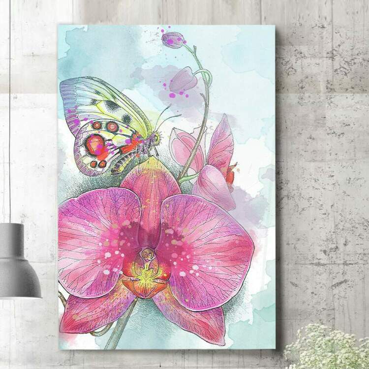 Quadro Decorativo Pintura de Borboleta e Flor Rosa