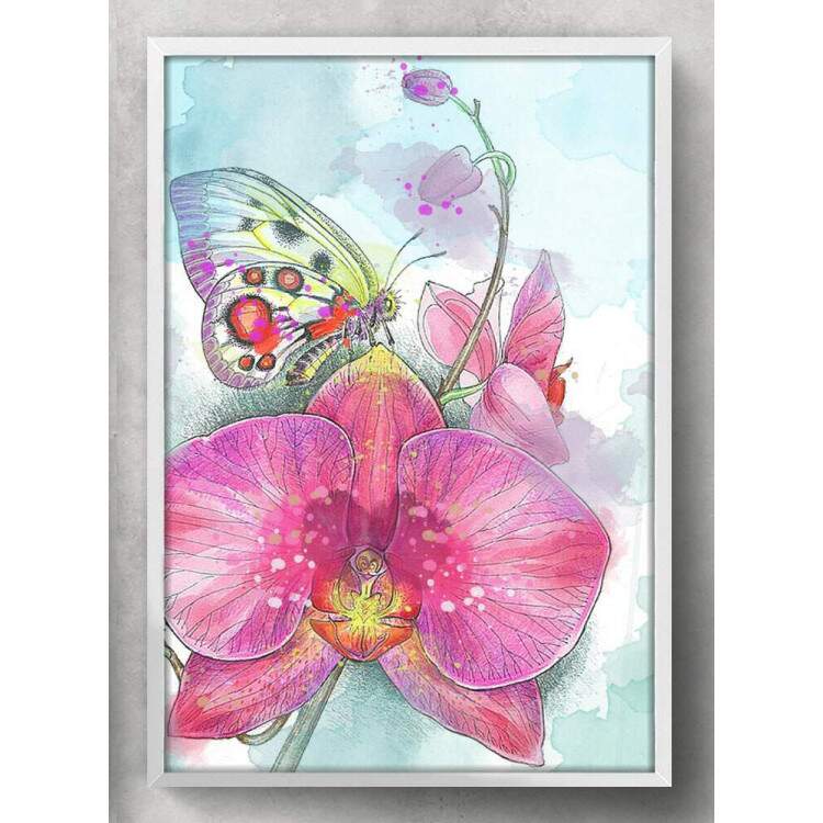 Quadro Decorativo Pintura de Borboleta e Flor Rosa