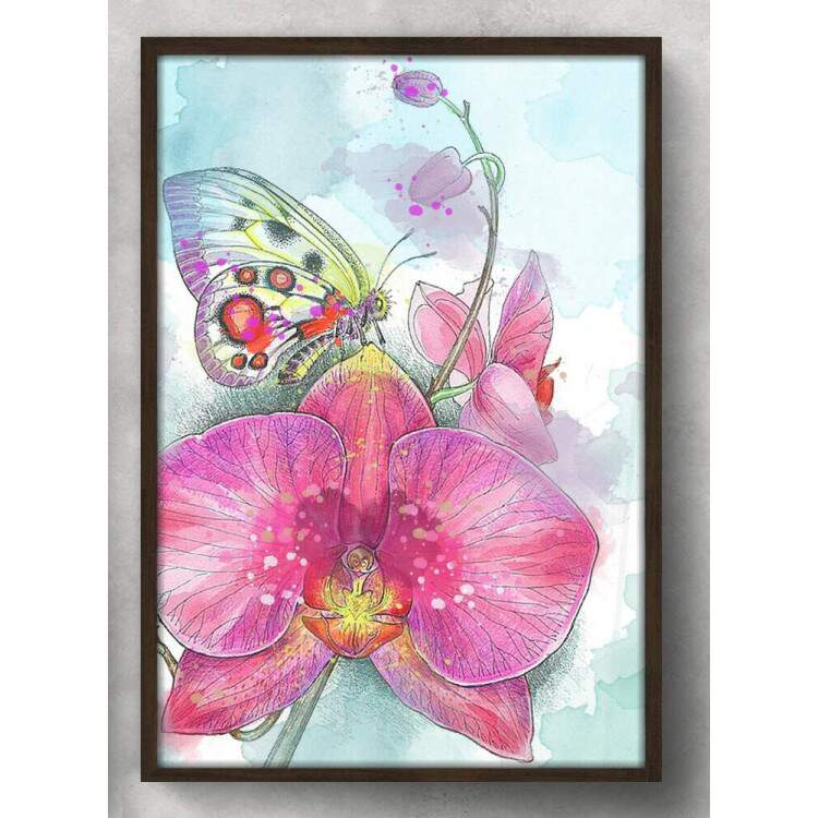 Quadro Decorativo Pintura de Borboleta e Flor Rosa