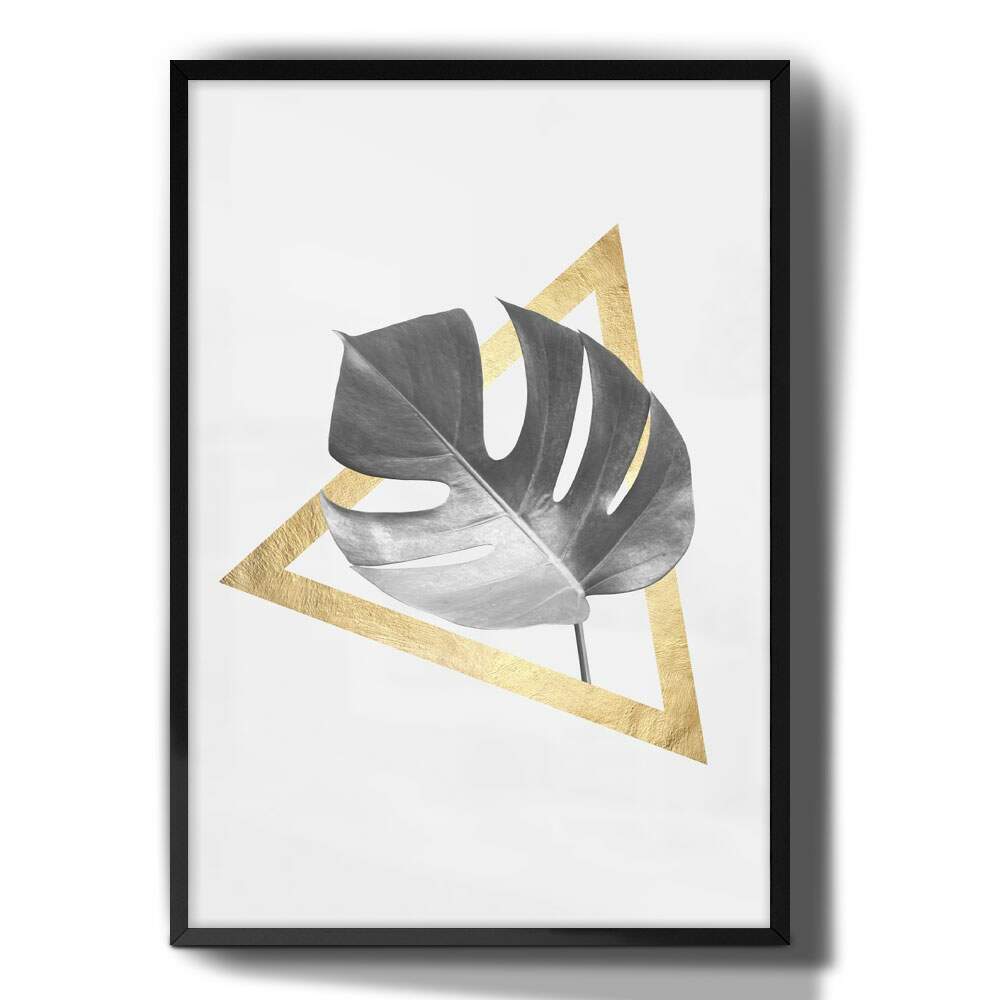 Quadro Decorativo Minimalista Folha e Tri�ngulo Dourado