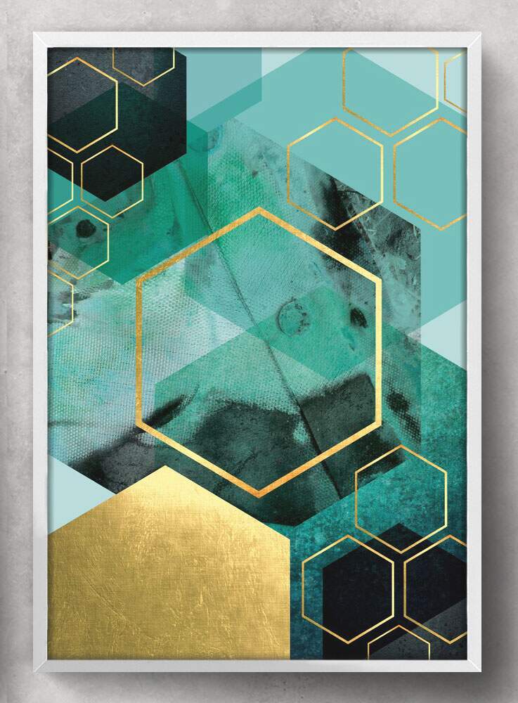 Quadro Decorativo Hex�gono Dourado e Verde �gua