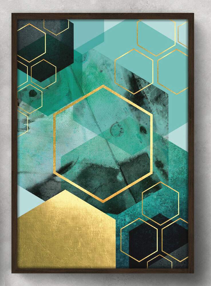 Quadro Decorativo Hex�gono Dourado e Verde �gua
