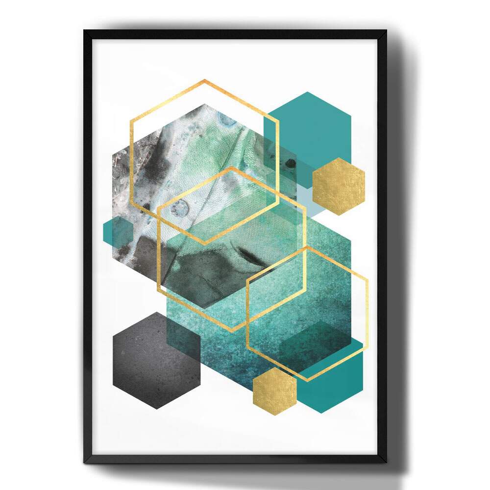 Quadro Decorativo Abstrato Geom�tricos Tons de Verde e Dourado