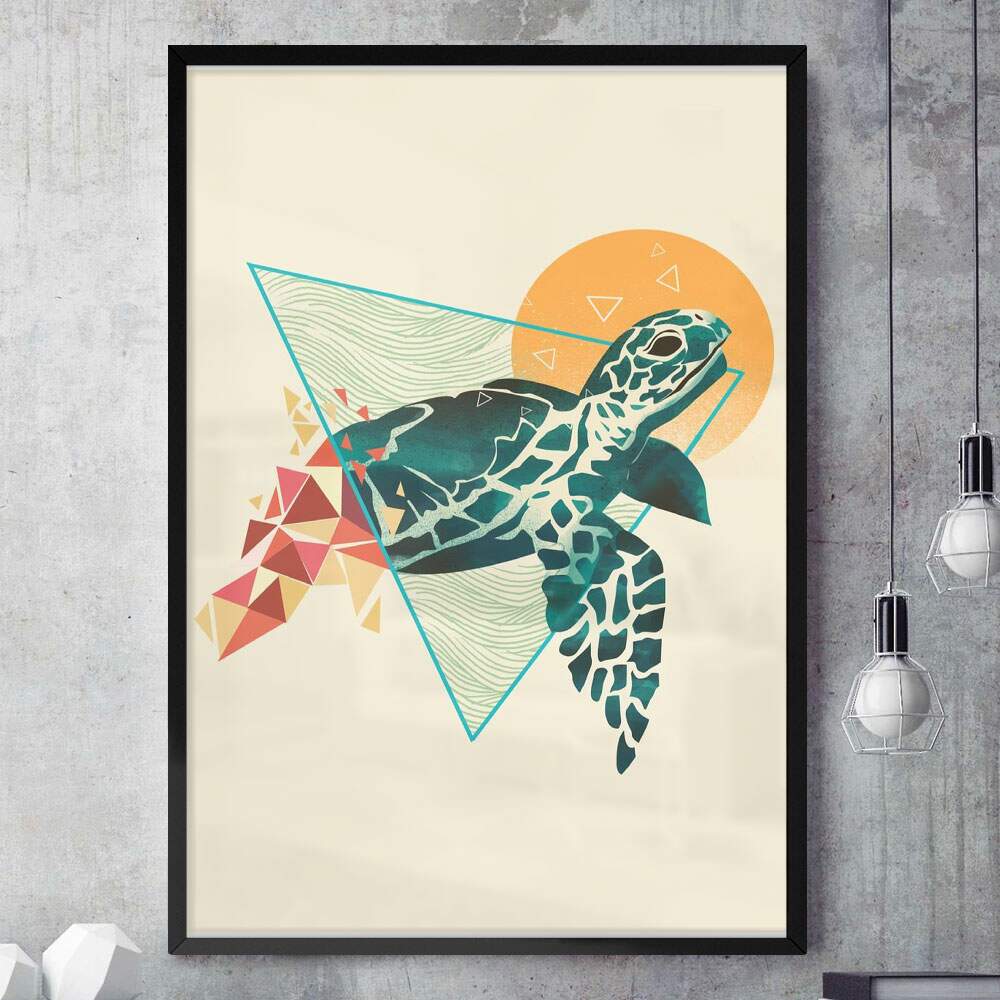 Quadro Decorativo Tartaruga e Formas Geomtricas Minimalistas