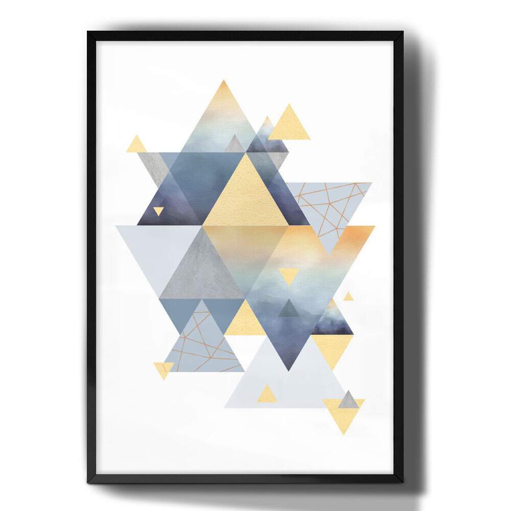 Quadro Decorativo Tri�ngulos Geom�tricos Tons de Amarelo e Azul