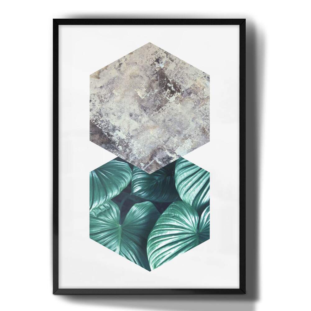 Quadro Decorativo Hex�gono Folhas Verdes e M�rmore Cinza
