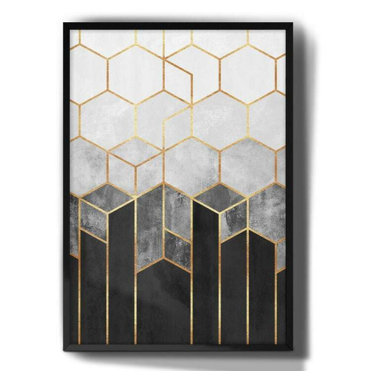 Quadro Decorativo Geomtricos 3D Mrmore Preto Branco e Dourado 02