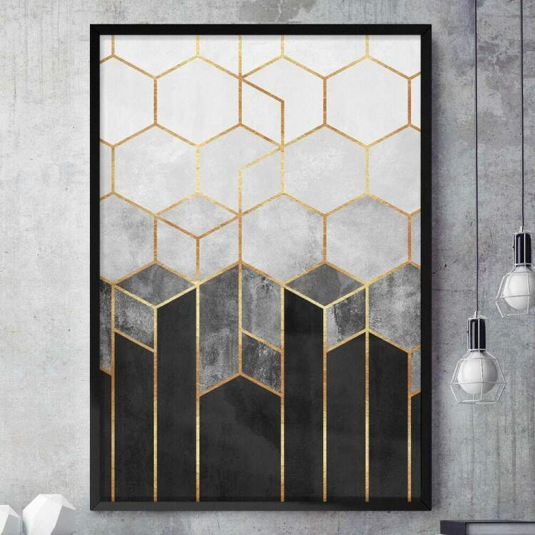 Quadro Decorativo Geomtricos 3D Mrmore Preto Branco e Dourado 02