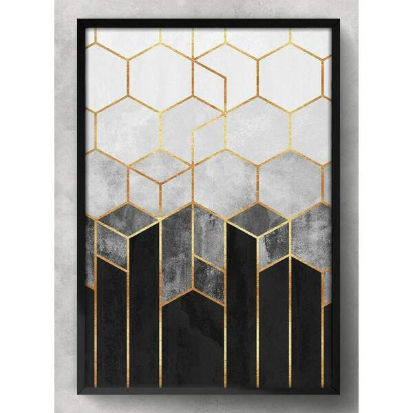 Quadro Decorativo Geomtricos 3D Mrmore Preto Branco e Dourado 02